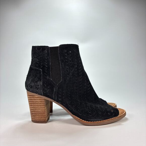 Toms Majorca Peep Toe Booties Black Suede Heels Perforated Zip Women's Size 7.5 - Picture 1 of 11